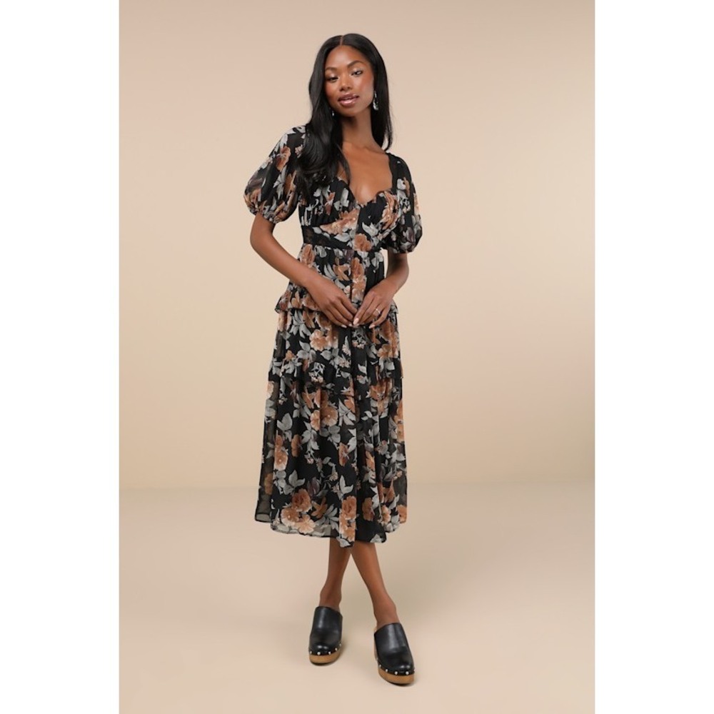 Lulus Fawning Favorite Black Floral Lace Tiered Lace-up Midi Dress - Size M
